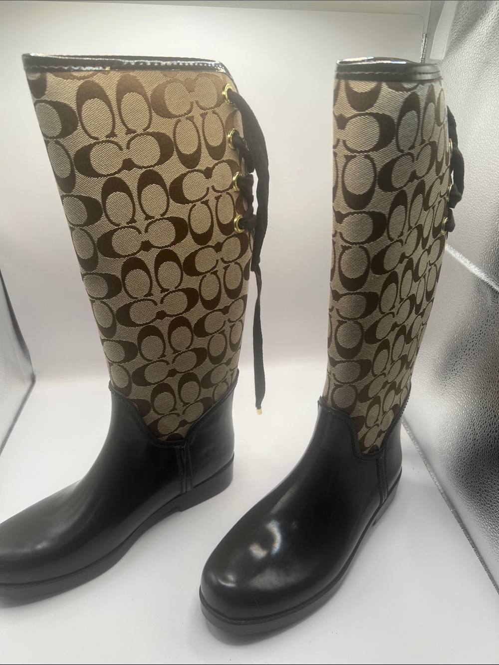 Coach Two-Tone Signature Canvas Over-the-Knee Boots in Brown and Black